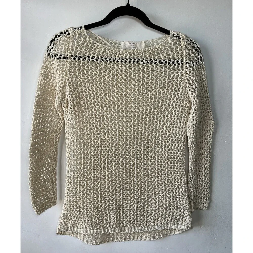 ZARAKNIT Beige Knit Openwork Long Sleeve Boat Neck Women's Top Small